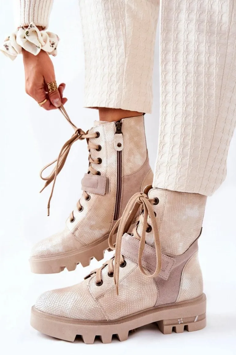 Skórzane Botki Workery Maciejka Beżowe 05219-04