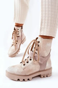 Skórzane Botki Workery Maciejka Beżowe 05219-04