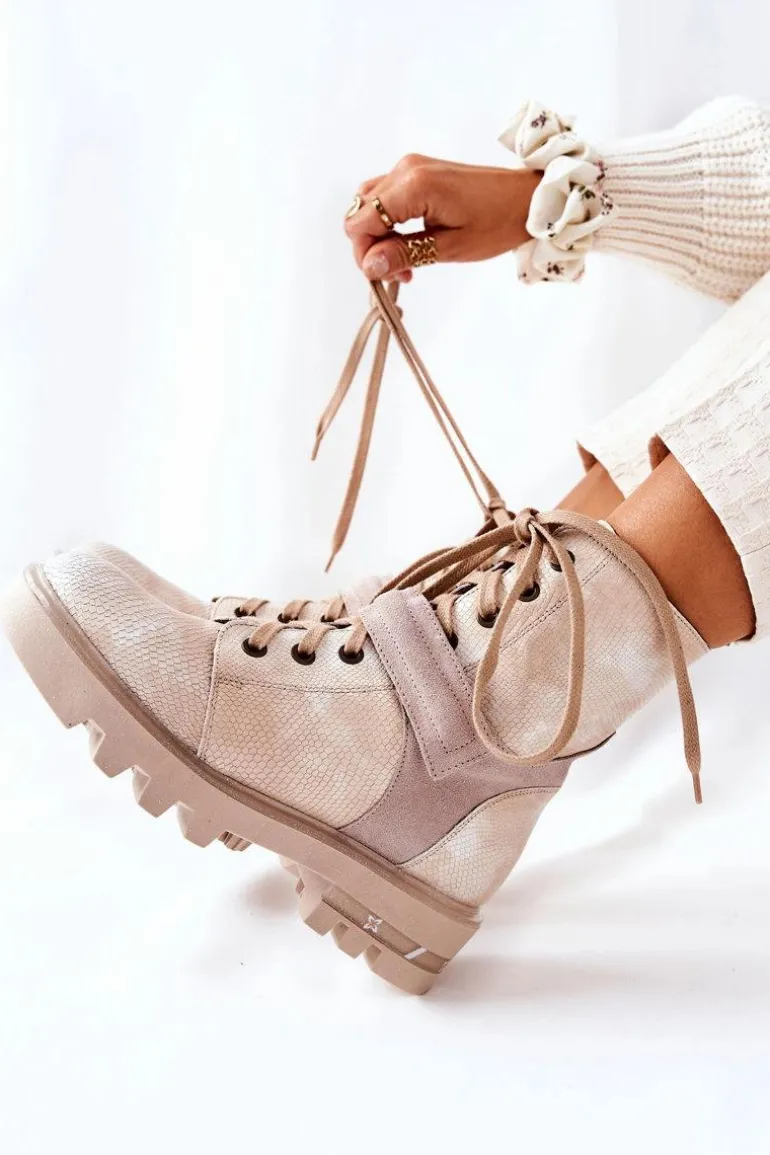 Skórzane Botki Workery Maciejka Beżowe 05219-04