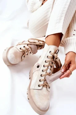 Skórzane Botki Workery Maciejka Beżowe 05219-04