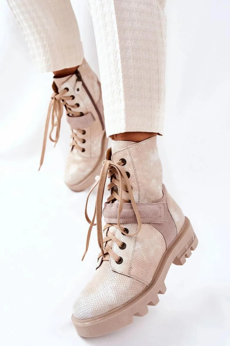 Skórzane Botki Workery Maciejka Beżowe 05219-04