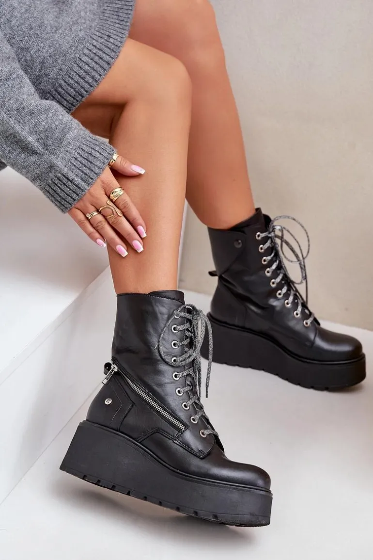 Skórzane Botki Workery Na Platformie I Koturnie Maciejka 06676-01 Czarne