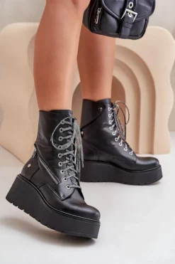 Skórzane Botki Workery Na Platformie I Koturnie Maciejka 06676-01 Czarne