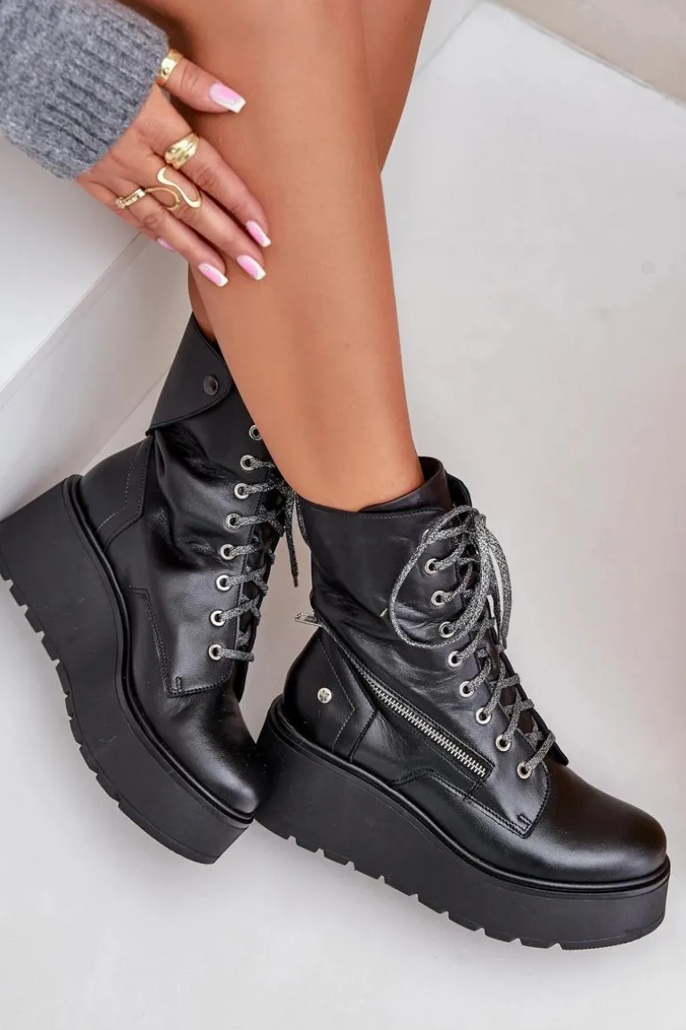 Skórzane Botki Workery Na Platformie I Koturnie Maciejka 06676-01 Czarne