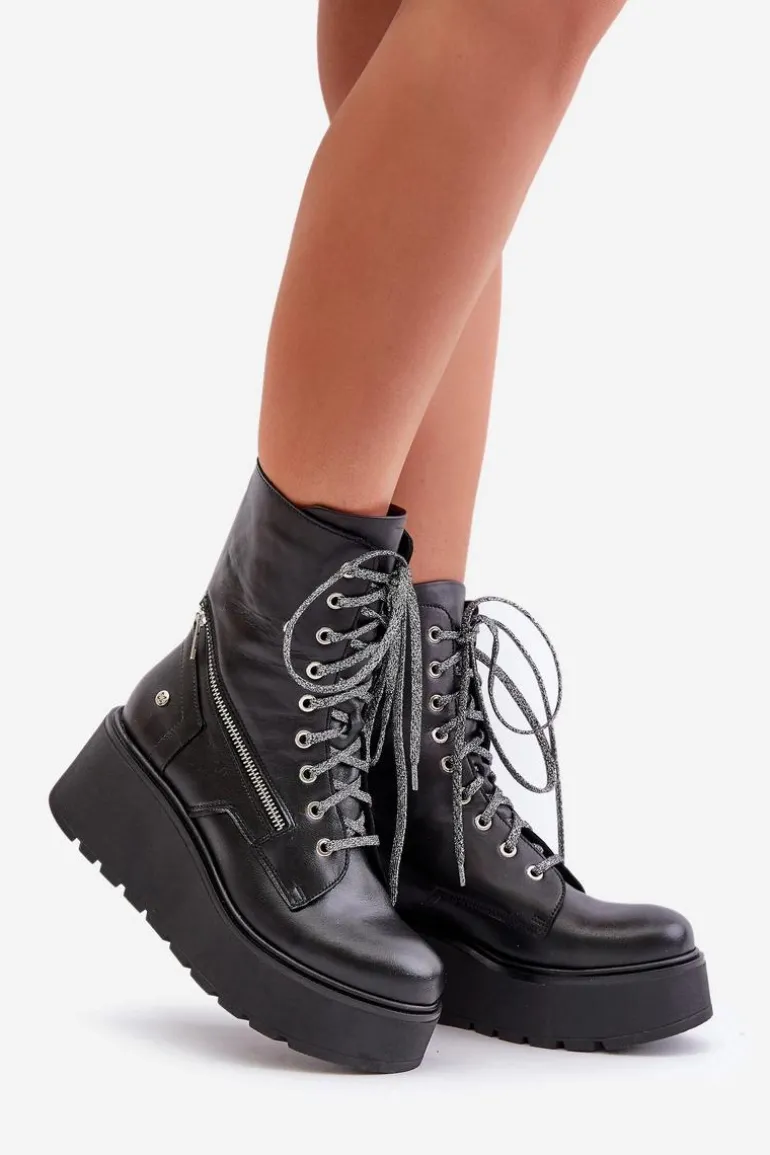 Skórzane Botki Workery Na Platformie I Koturnie Maciejka 06676-01 Czarne