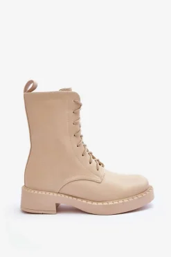 Skórzane Botki Workery Na Płaskim Obcasie Jasnobeżowe Aganne