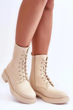 Skórzane Botki Workery Na Płaskim Obcasie Jasnobeżowe Aganne