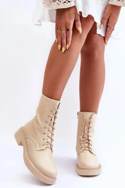 Skórzane Botki Workery Na Płaskim Obcasie Jasnobeżowe Aganne