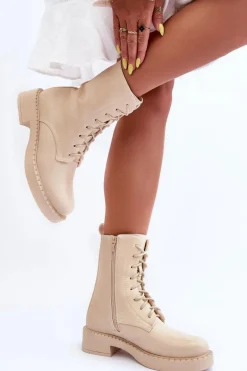 Skórzane Botki Workery Na Płaskim Obcasie Jasnobeżowe Aganne