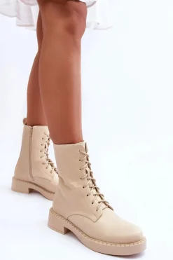 Skórzane Botki Workery Na Płaskim Obcasie Jasnobeżowe Aganne