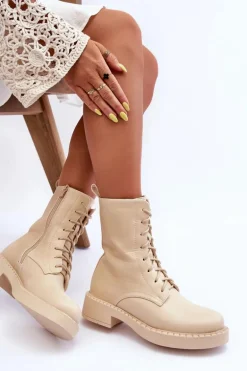 Skórzane Botki Workery Na Płaskim Obcasie Jasnobeżowe Aganne