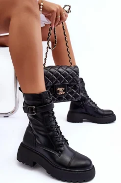 Skórzane Botki Workery Na Płaskim Obcasie Z Klamrą Czarne Samivlo