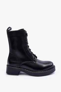 Skórzane Botki Workery Na Płaskim Obcasie Czarne Aganne