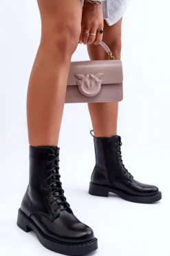 Skórzane Botki Workery Na Płaskim Obcasie Czarne Aganne