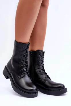 Skórzane Botki Workery Na Płaskim Obcasie Czarne Aganne