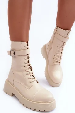 Skórzane Botki Workery Na Płaskim Obcasie Z Klamrą Jasnobeżowe Samivlo