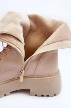Skórzane Botki Workery Na Płaskim Obcasie Z Klamrą Jasnobeżowe Samivlo