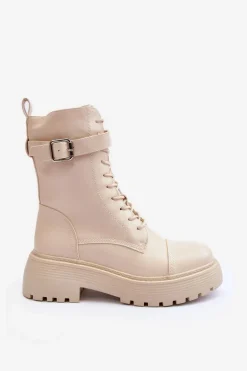 Skórzane Botki Workery Na Płaskim Obcasie Z Klamrą Jasnobeżowe Samivlo