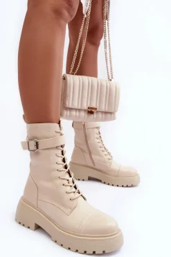 Skórzane Botki Workery Na Płaskim Obcasie Z Klamrą Jasnobeżowe Samivlo