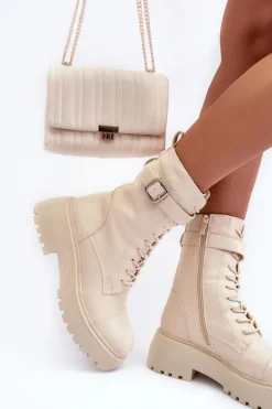 Skórzane Botki Workery Na Płaskim Obcasie Z Klamrą Jasnobeżowe Samivlo