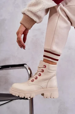 Skórzane Botki Workery Na Suwak Beżowe Messa