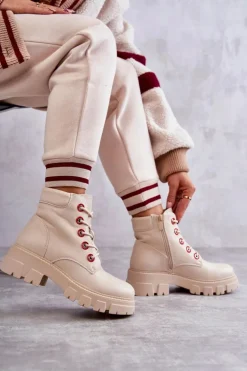 Skórzane Botki Workery Na Suwak Beżowe Messa