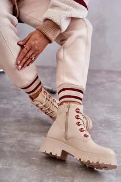 Skórzane Botki Workery Na Suwak Beżowe Messa