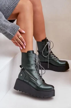 Skórzane Botki Workery Na Platformie I Koturnie Maciejka 06676-09 Zielone