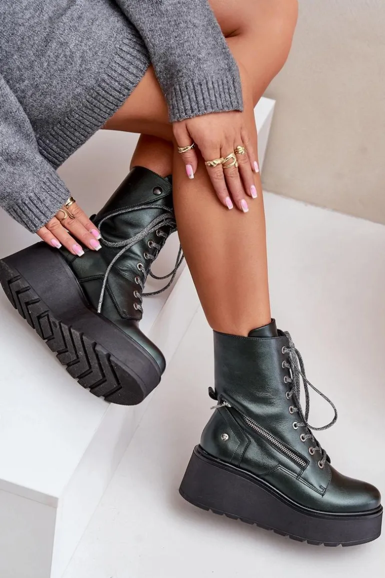 Skórzane Botki Workery Na Platformie I Koturnie Maciejka 06676-09 Zielone