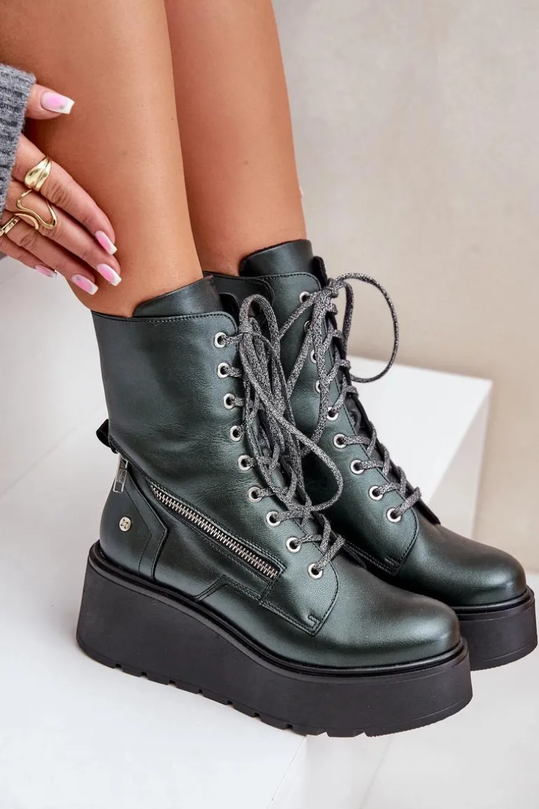 Skórzane Botki Workery Na Platformie I Koturnie Maciejka 06676-09 Zielone