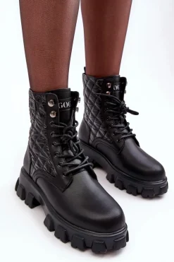 Skórzane Botki Workery Na Płaskim Obcasie GOE MM2N4021 Czarne