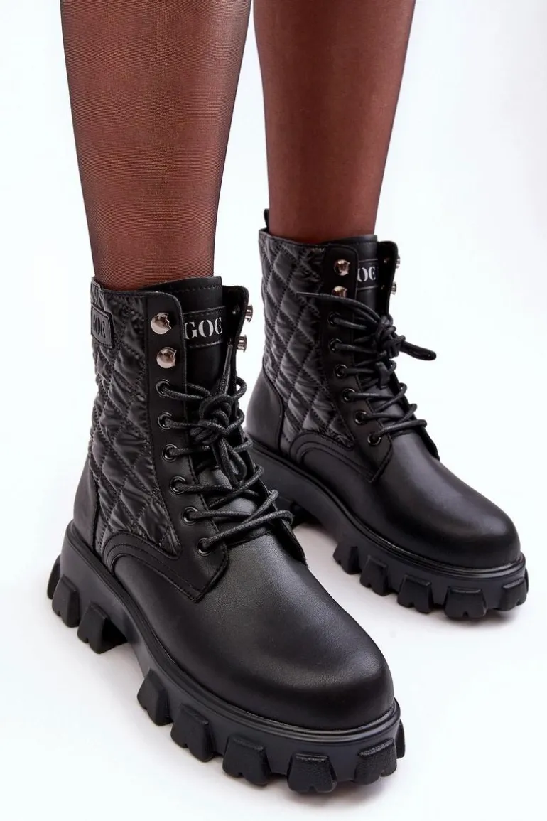 Skórzane Botki Workery Na Płaskim Obcasie GOE MM2N4021 Czarne