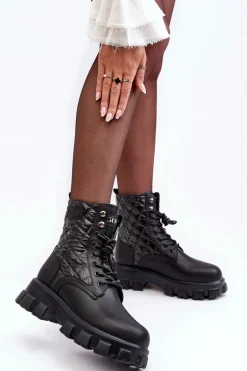 Skórzane Botki Workery Na Płaskim Obcasie GOE MM2N4021 Czarne