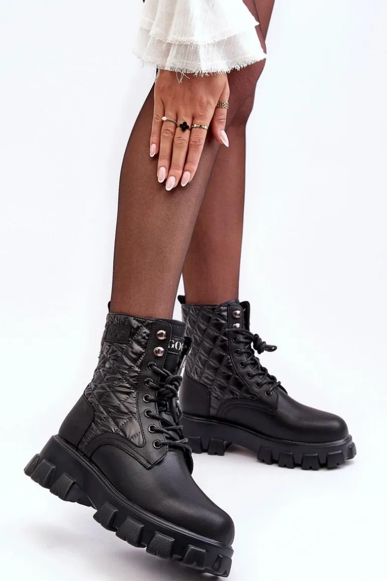 Skórzane Botki Workery Na Płaskim Obcasie GOE MM2N4021 Czarne