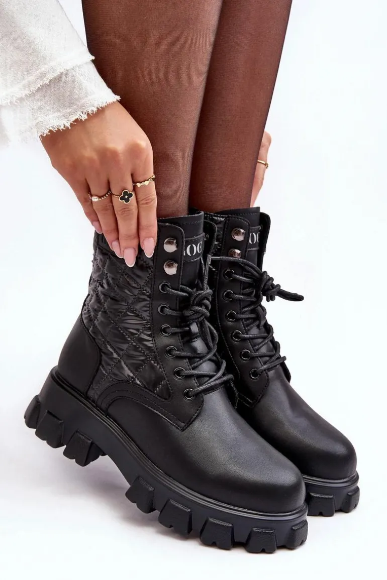 Skórzane Botki Workery Na Płaskim Obcasie GOE MM2N4021 Czarne