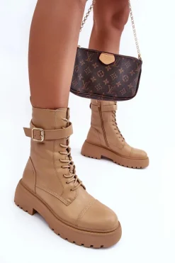 Skórzane Botki Workery Na Płaskim Obcasie Z Klamrą Beżowe Samivlo