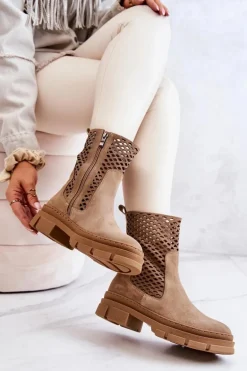 Skórzane Botki Workery Nicole Jasnobrązowe 2711