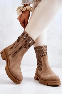 Skórzane Botki Workery Nicole Jasnobrązowe 2711