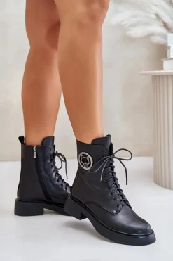 Skórzane Botki Workery Ocieplane Na Zamek Z Ozdobą Czarne Lorevine