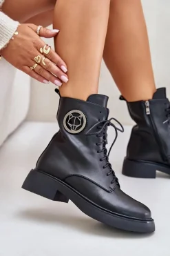 Skórzane Botki Workery Ocieplane Na Zamek Z Ozdobą Czarne Lorevine