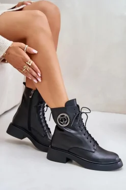 Skórzane Botki Workery Ocieplane Na Zamek Z Ozdobą Czarne Lorevine