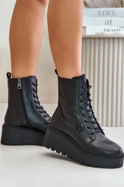 Skórzane Botki Workery Ocieplane Na Platformie I Koturnie Vinceza 58338 Czarne