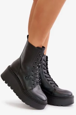 Skórzane Botki Workery Ocieplane Na Platformie I Koturnie Vinceza 58338 Czarne