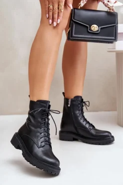 Skórzane Botki Workery Ocieplane Na Zamek Czarne Elosie