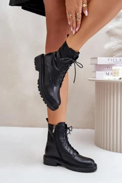 Skórzane Botki Workery Ocieplane Na Zamek Czarne Elosie