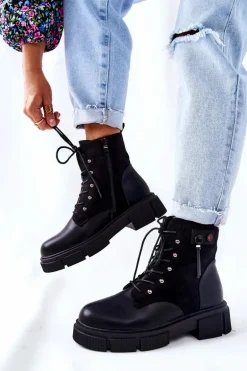 Skórzane Botki Workery Wiązane Czarne Your Way!