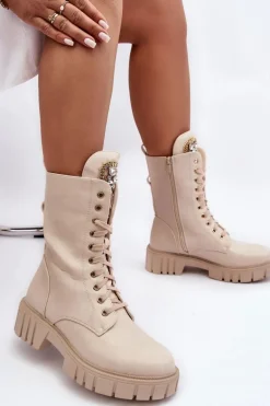 Skórzane Botki Workery Z Biżuteryjną Ozdobą Beżowe Marx