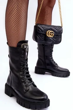 Skórzane Botki Workery Z Biżuteryjną Ozdobą Czarne Marx