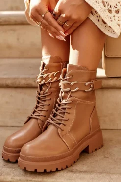 Skórzane Botki Workery Z Ozdobnym Paskiem Brązowe Enili