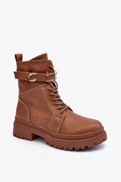 Skórzane Botki Workery Z Ozdobnym Paskiem Brązowe Enili